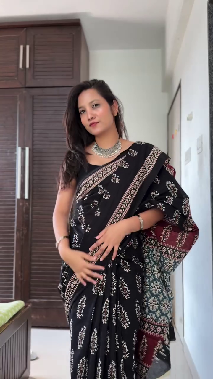 Black Handblock Print Saree with Maroon Statement Pallu