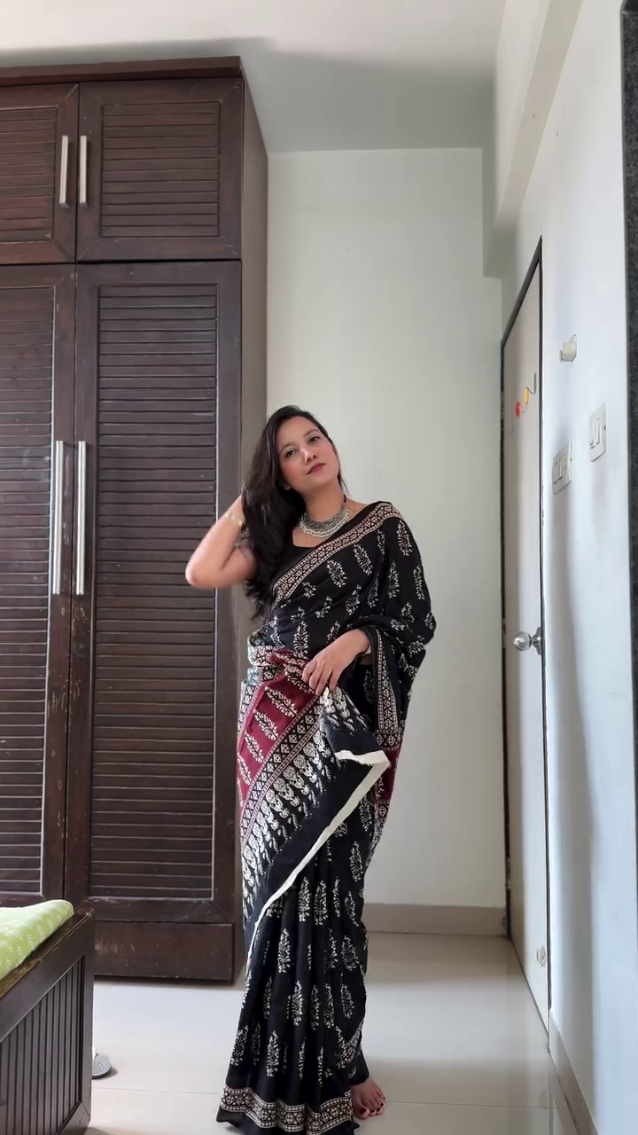 Black Handblock Print Saree with Maroon Statement Pallu
