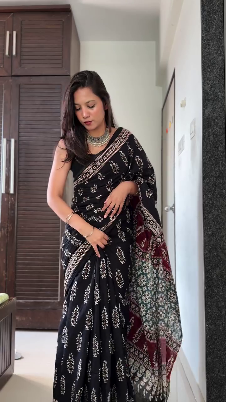 Black Handblock Print Saree with Maroon Statement Pallu