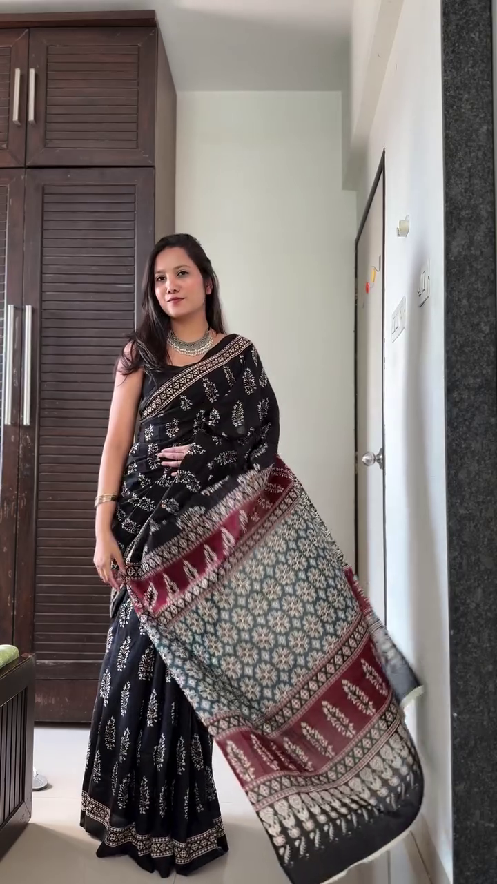 Black Handblock Print Saree with Maroon Statement Pallu
