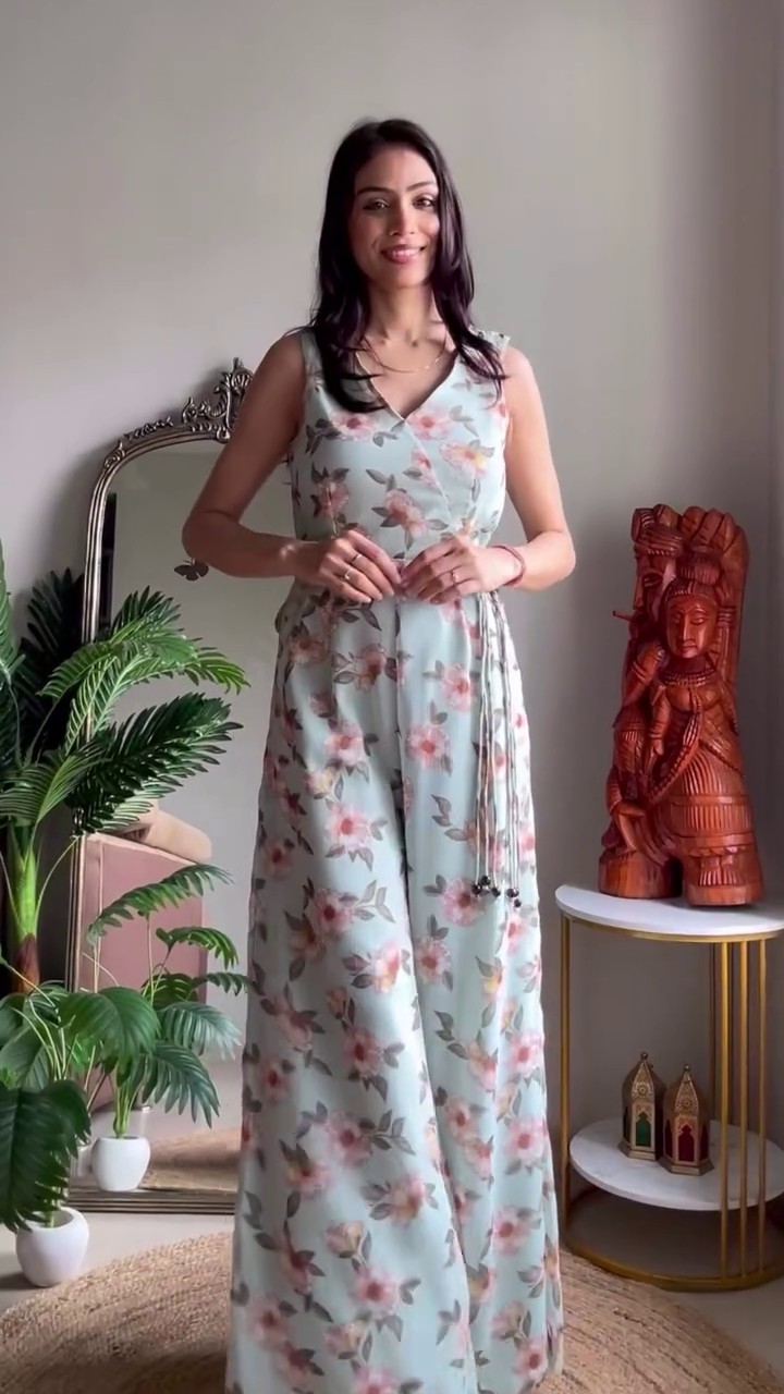 Mint Green Floral Wrap Jumpsuit