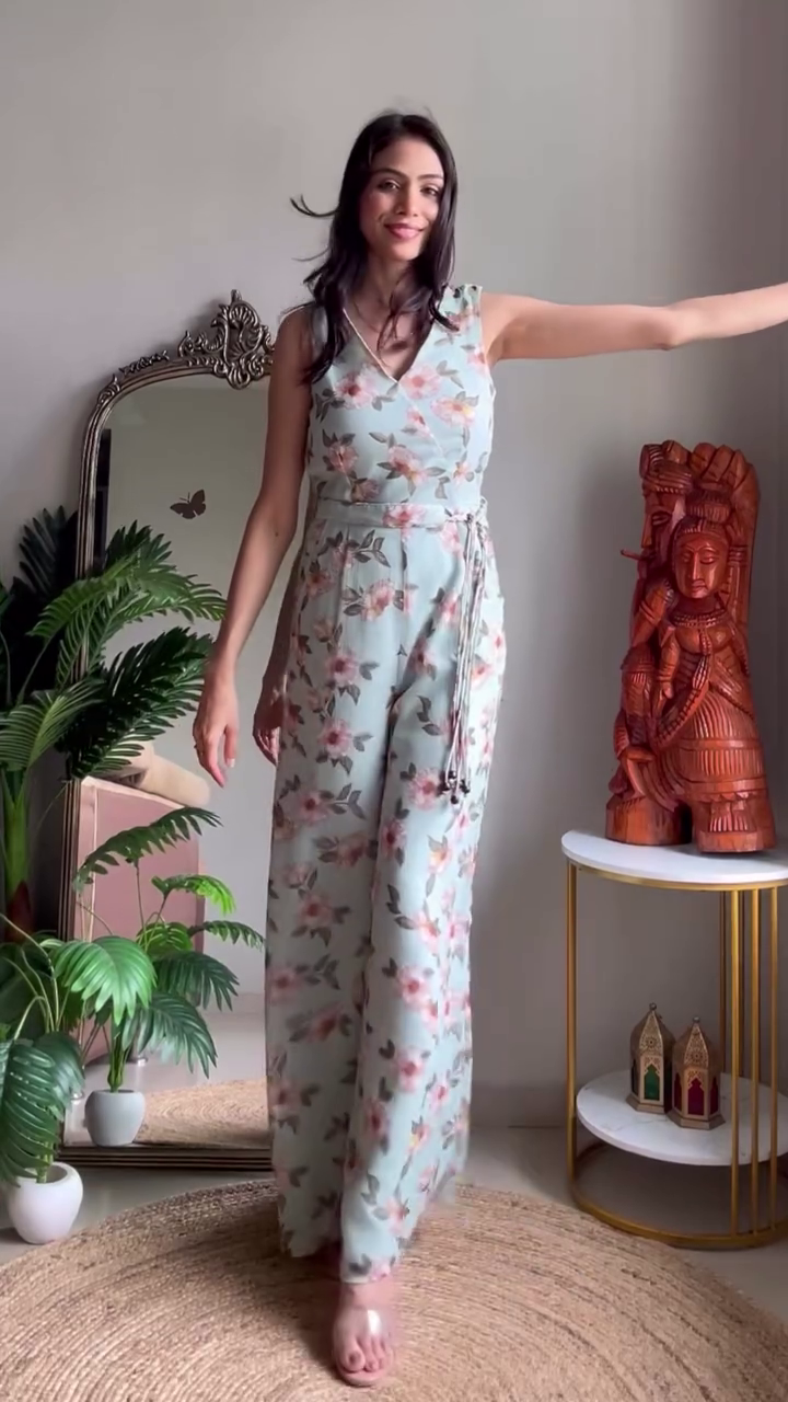 Mint Green Floral Wrap Jumpsuit