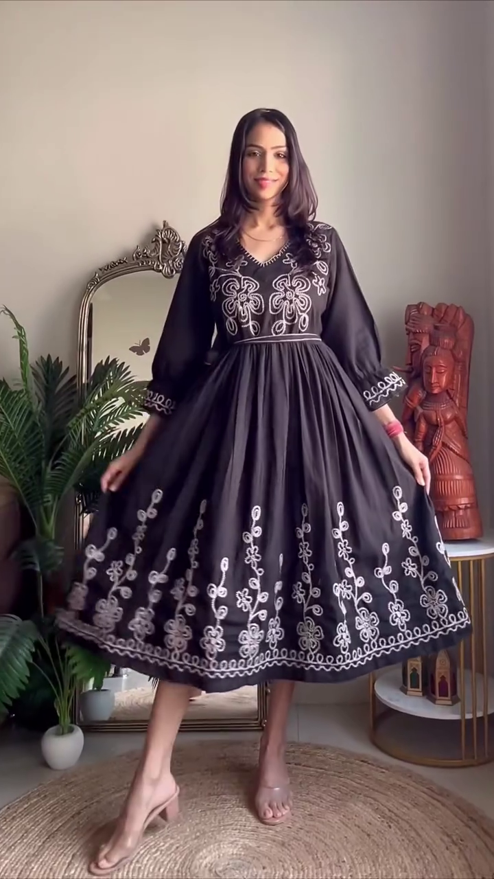 Black Embroidered Fit & Flare Midi Dress