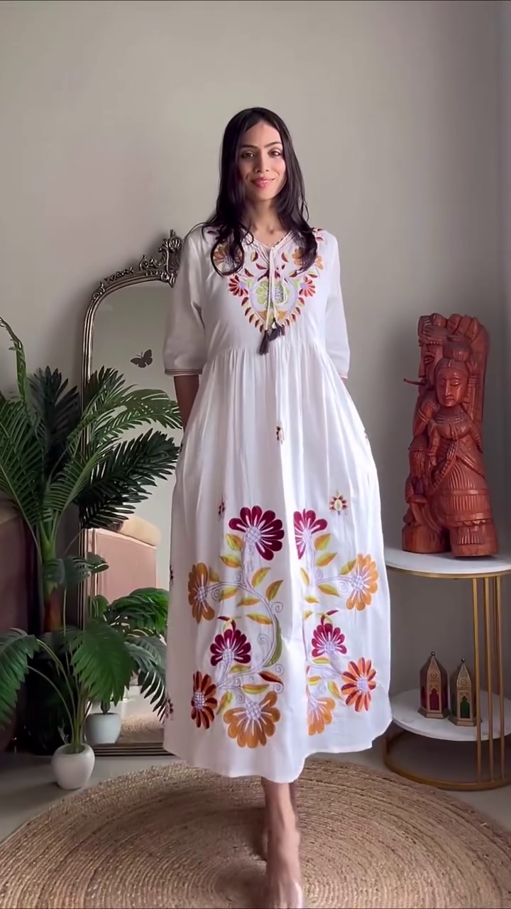White Floral Embroidered Midi Dress