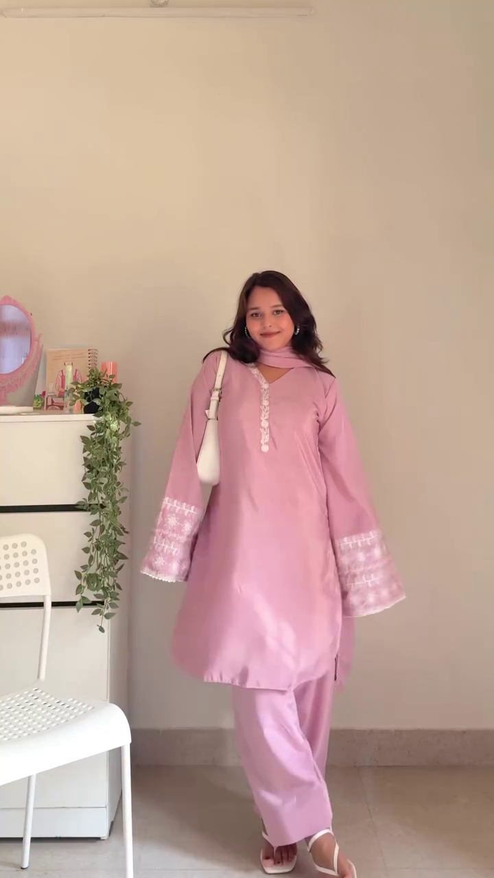 Ivory Embroidered Suit Set with Pink Border Dupatta