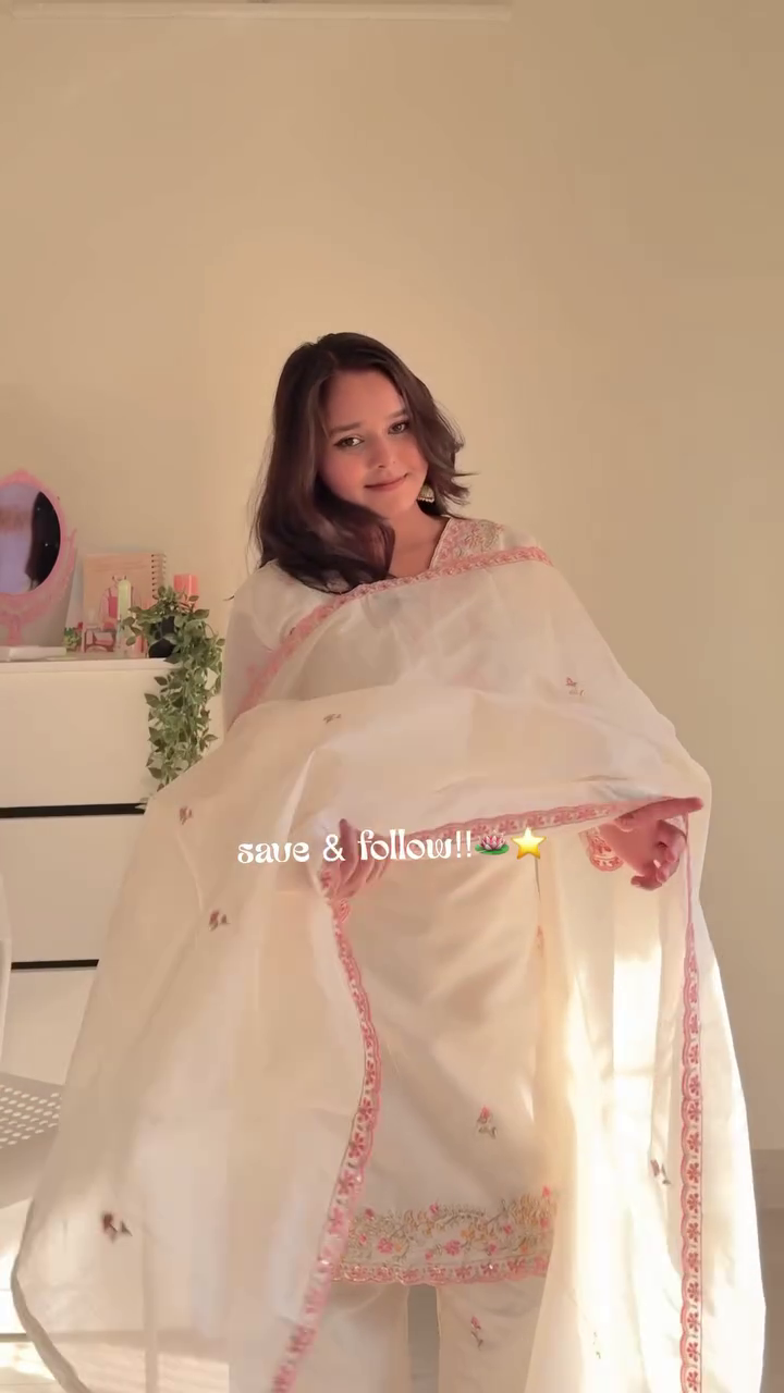 Ivory Embroidered Suit Set with Pink Border Dupatta