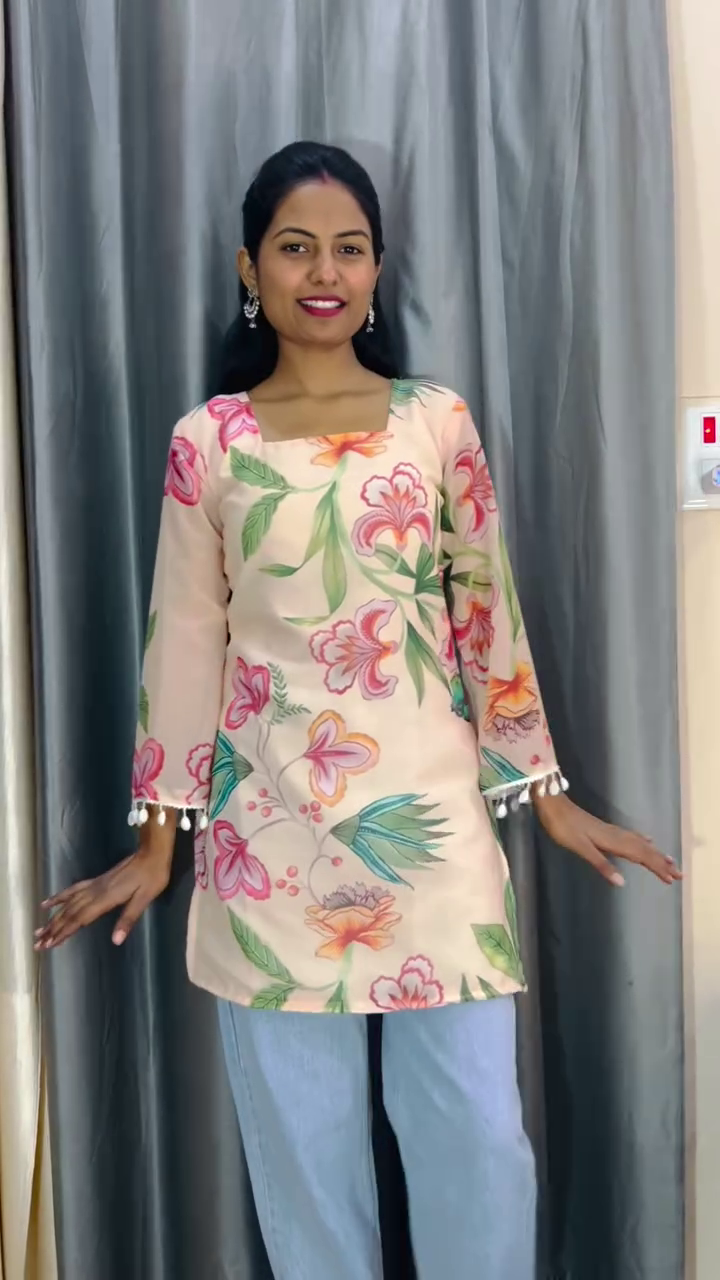 Beige Floral Printed Straight Kurti