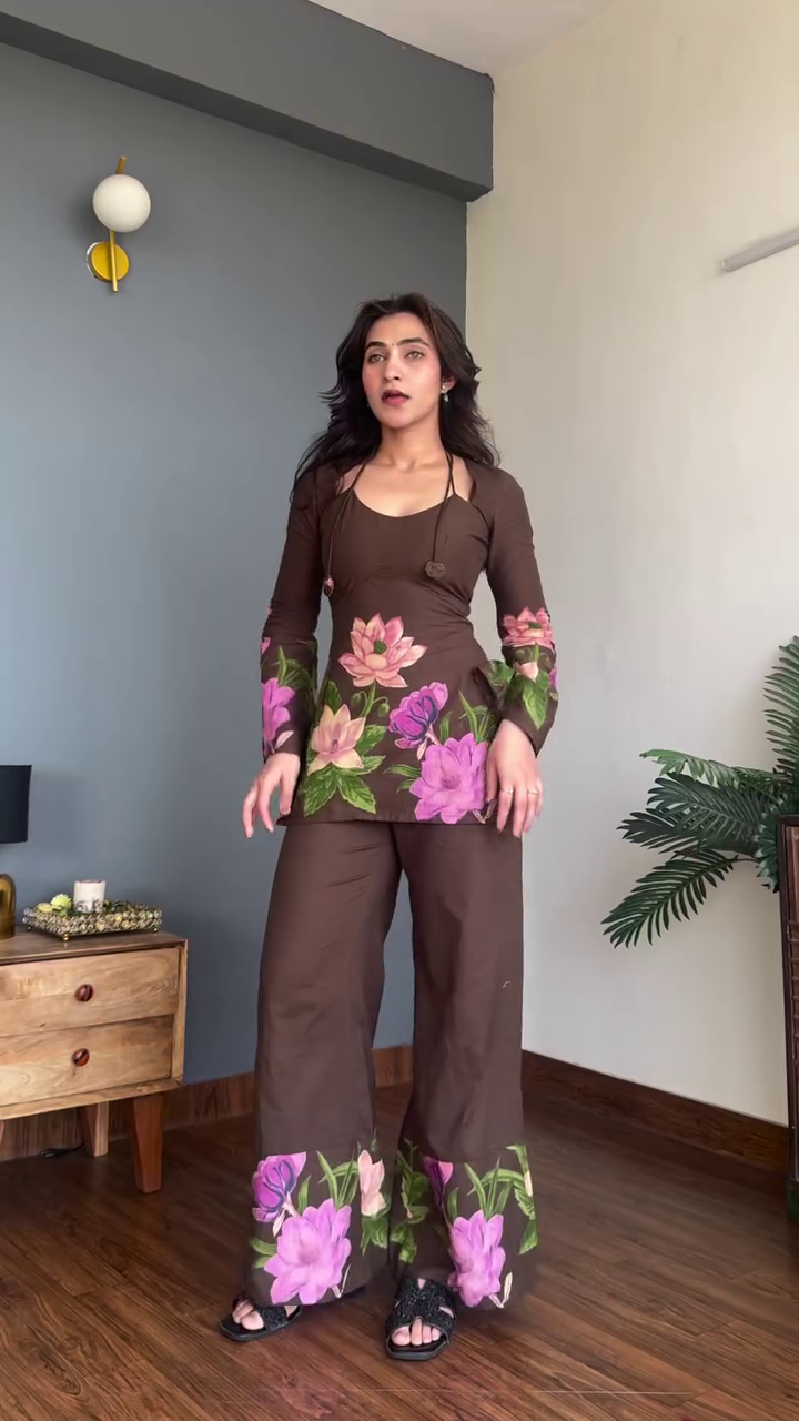 Brown Floral Co-Ord Set with Flared Sleeves