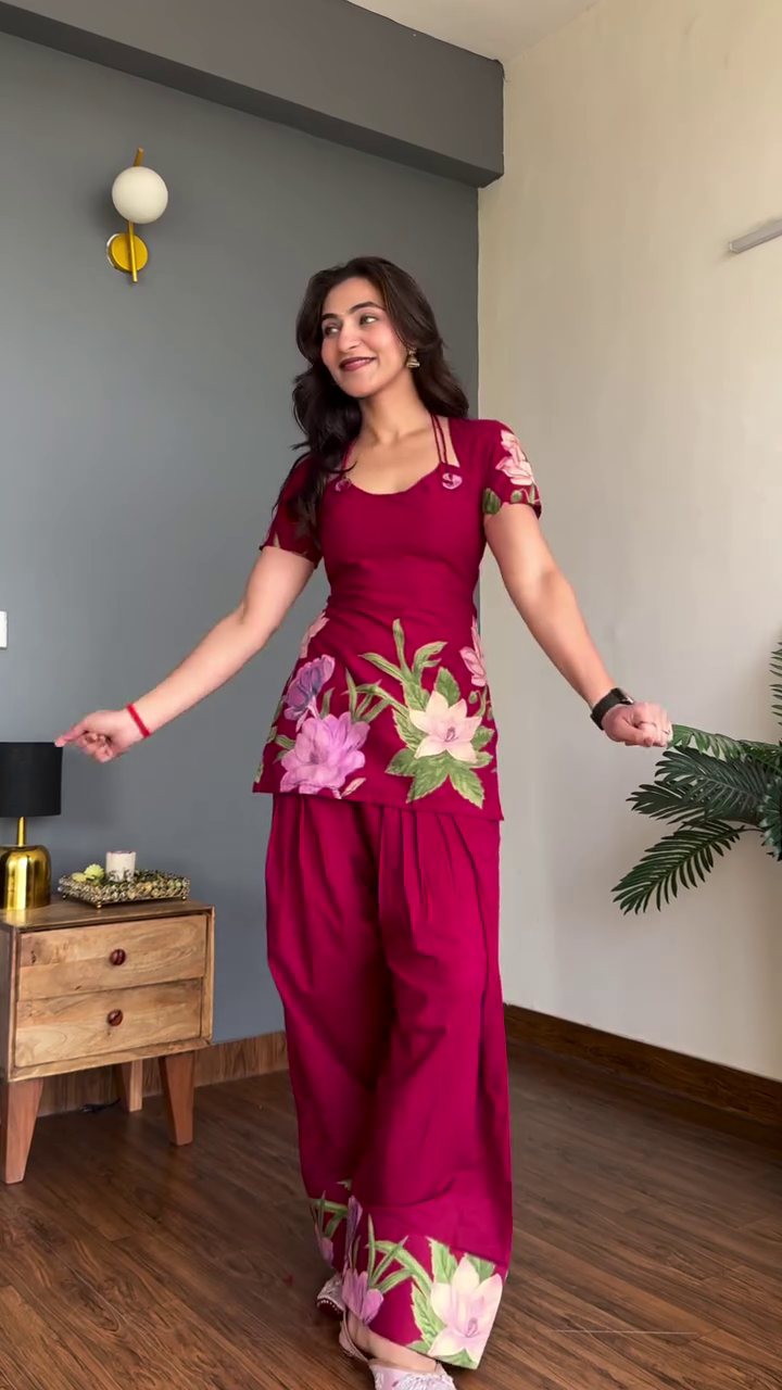 Brown Floral Co-Ord Set with Flared Sleeves