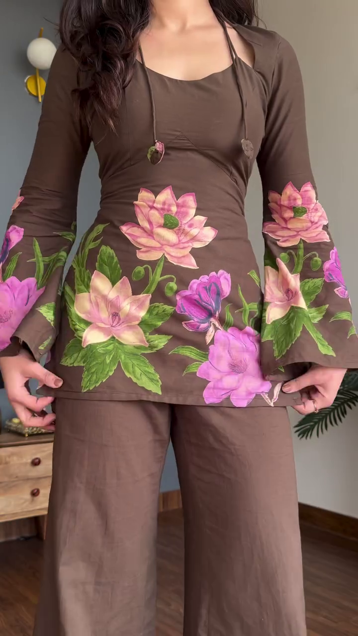 Brown Floral Co-Ord Set with Flared Sleeves