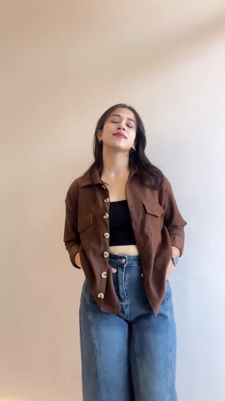 Brown & White Checkered Overshirt with Crop Top