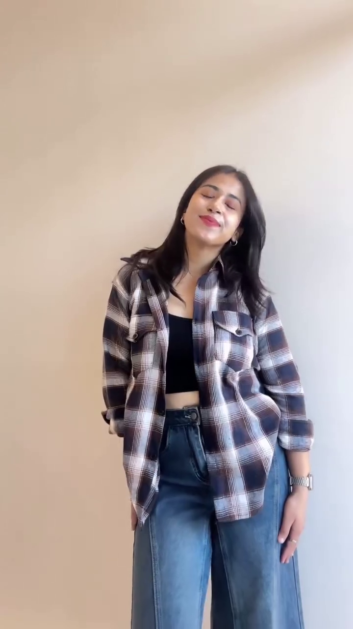 Brown & White Checkered Overshirt with Crop Top