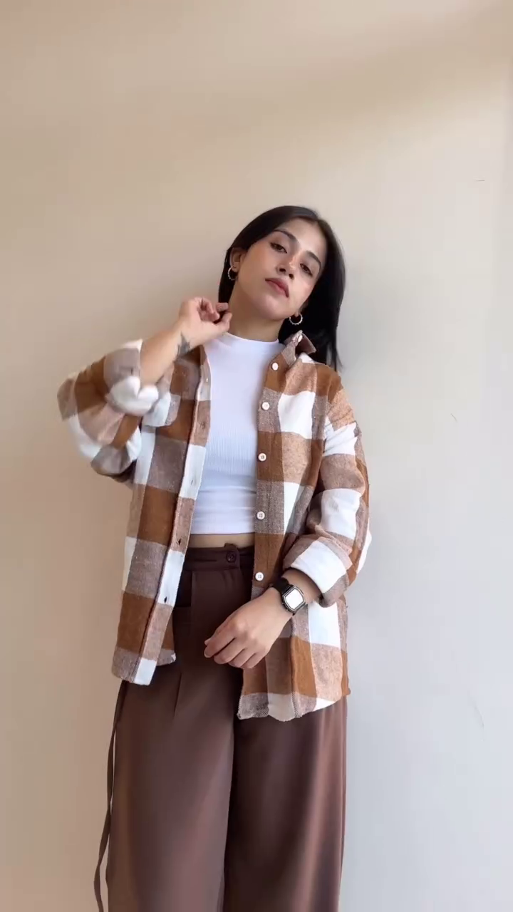 Brown & White Checkered Overshirt with Crop Top