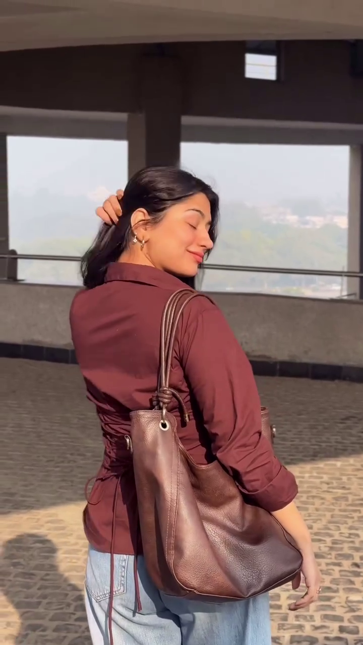 Chocolate Brown Fitted Shirt with Classic Blue Denim