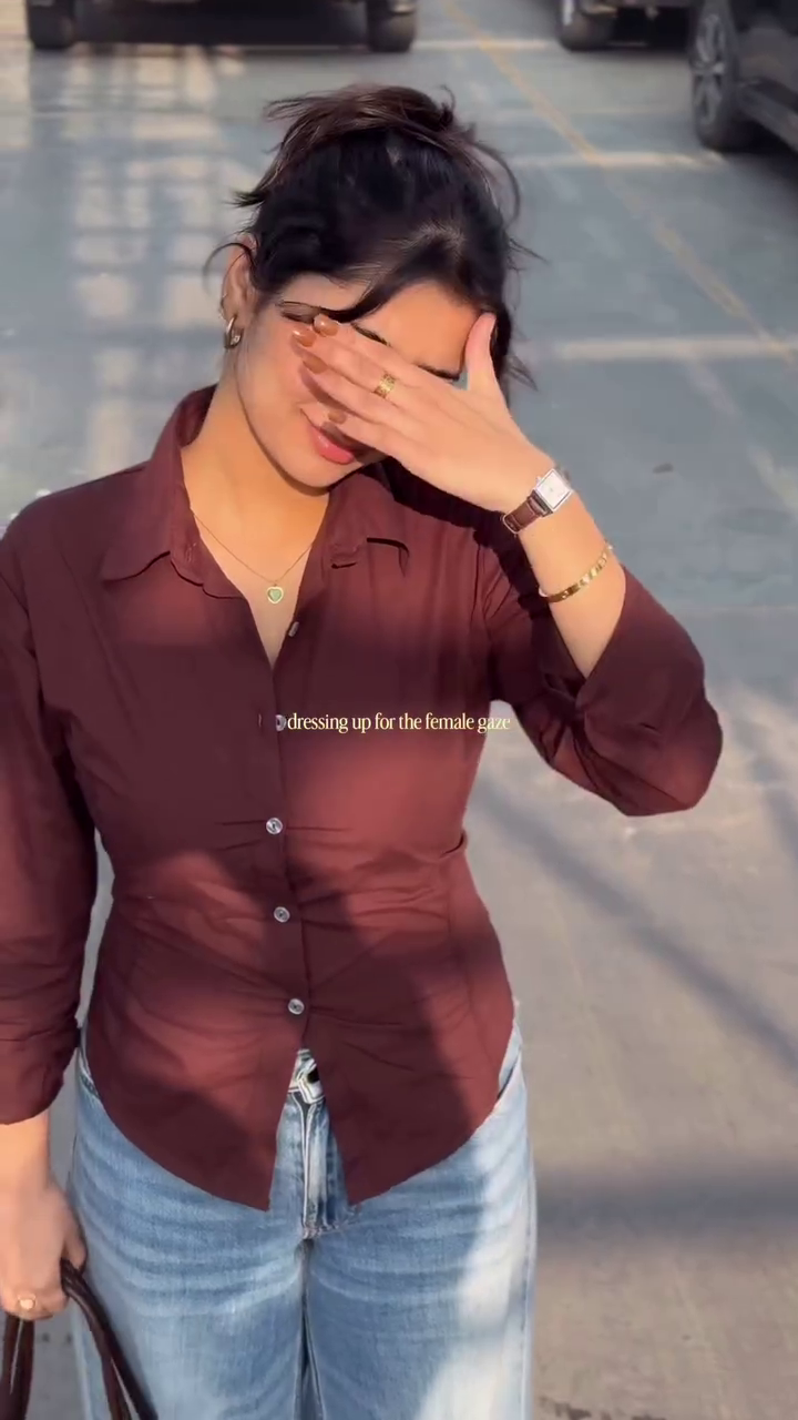 Chocolate Brown Fitted Shirt with Classic Blue Denim