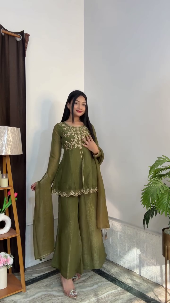 Olive Green Embroidered Kurta Palazzo Set