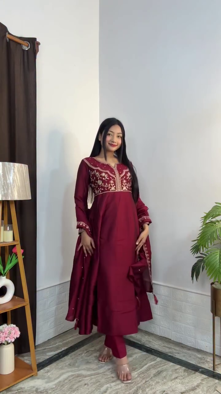 Maroon Embroidered Anarkali Suit Set