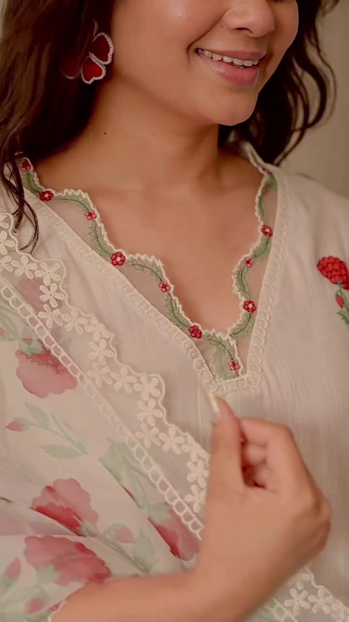 Ivory Floral Straight Kurta with Printed Dupatta