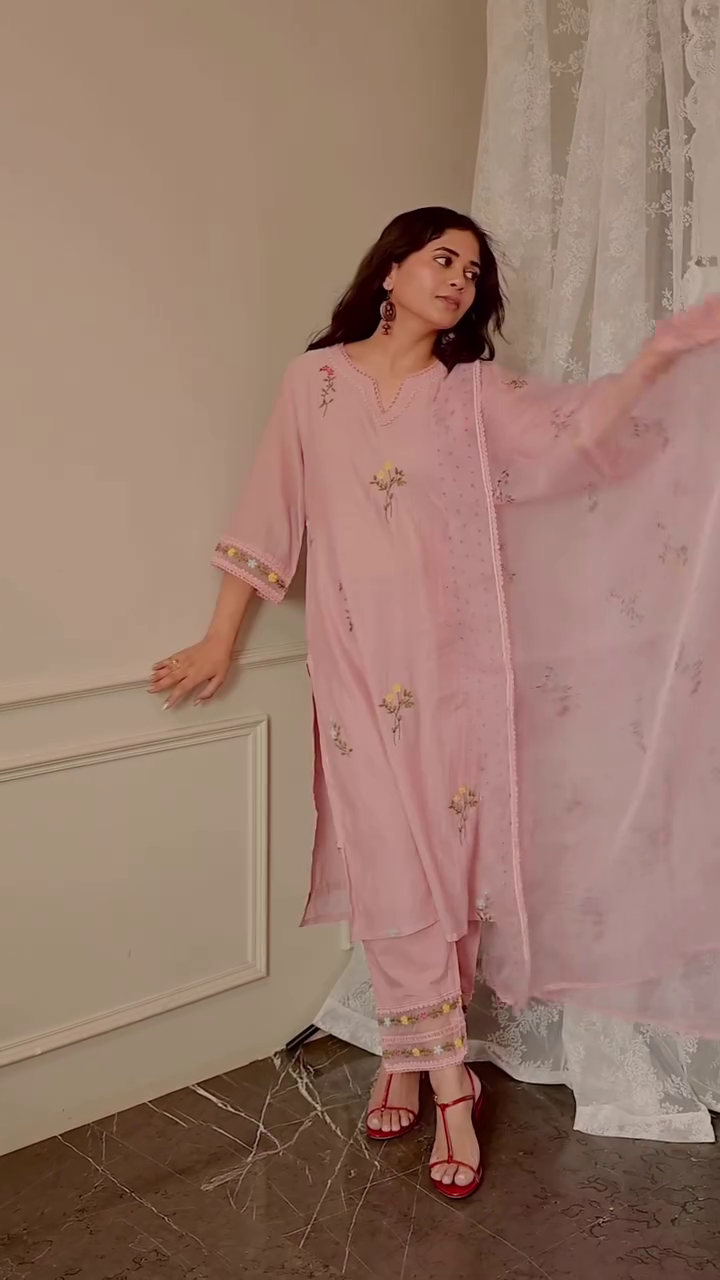 Ivory Floral Straight Kurta with Printed Dupatta