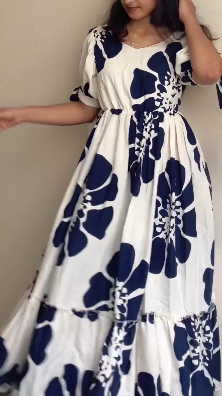 White & Navy Floral Tiered Midi Dress