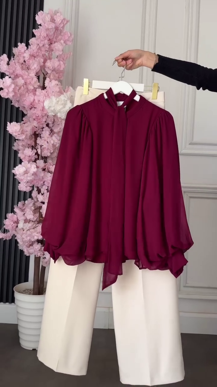 Navy Tie-Neck Blouse with Cream Pants