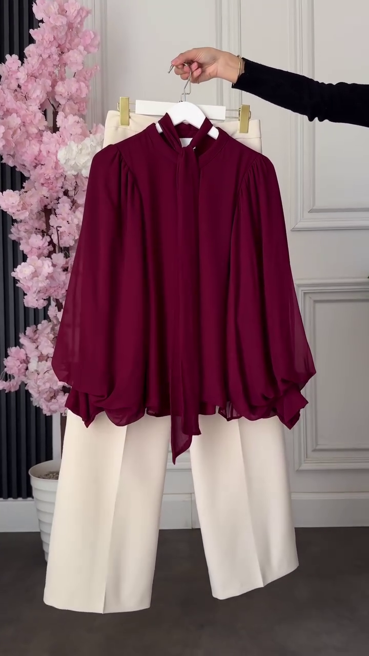 Navy Tie-Neck Blouse with Cream Pants