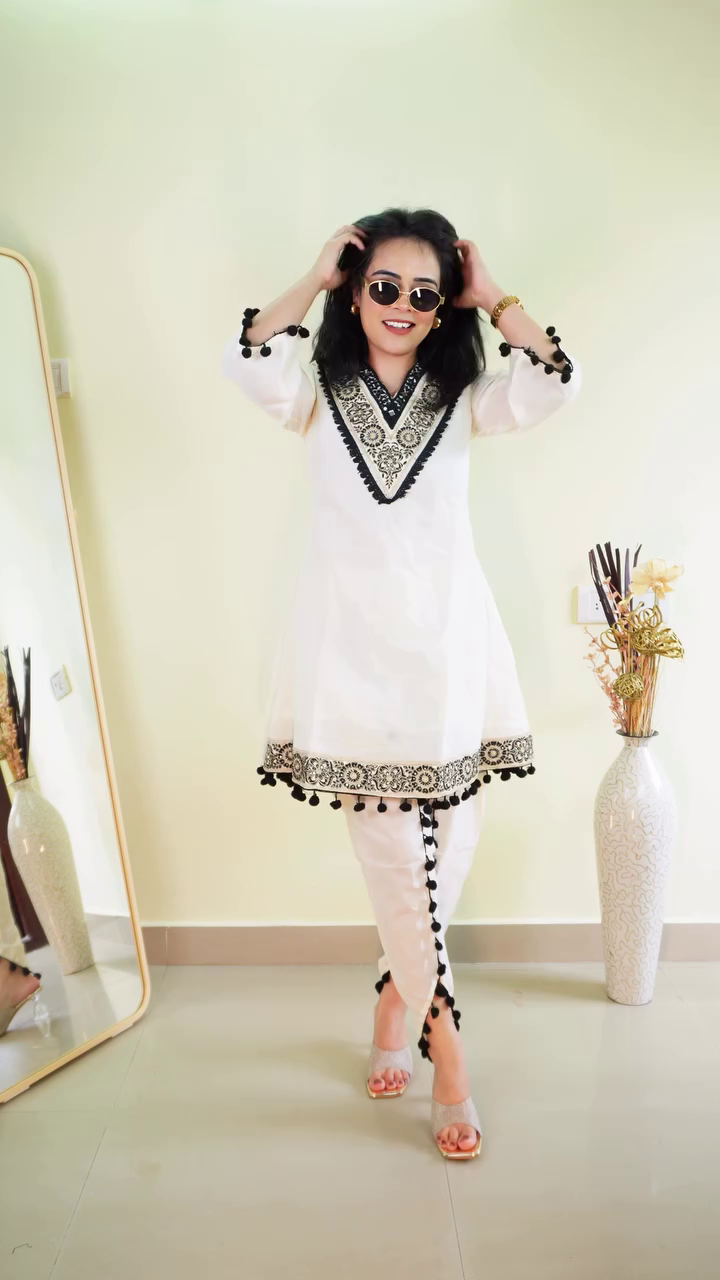 White Ethnic Kurta Set with Black Detailing