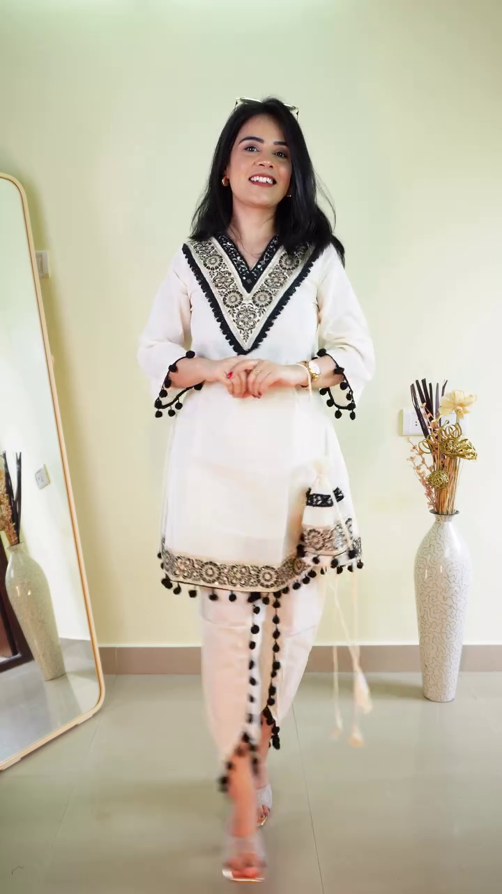 White Ethnic Kurta Set with Black Detailing