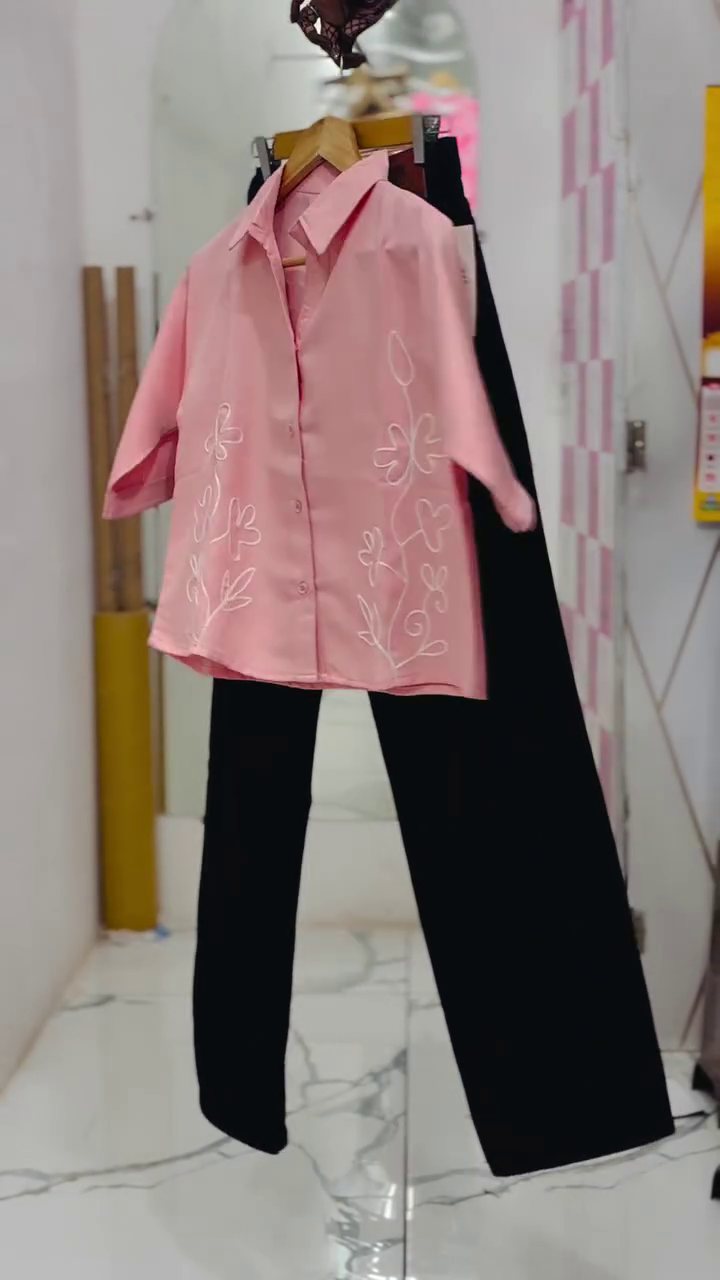 Pink Embroidered Crop Shirt with Black Pants
