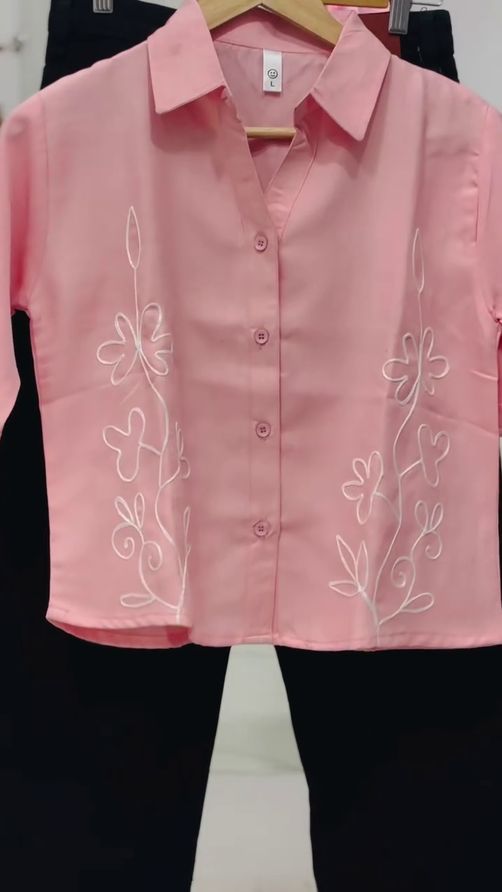 Pink Embroidered Crop Shirt with Black Pants