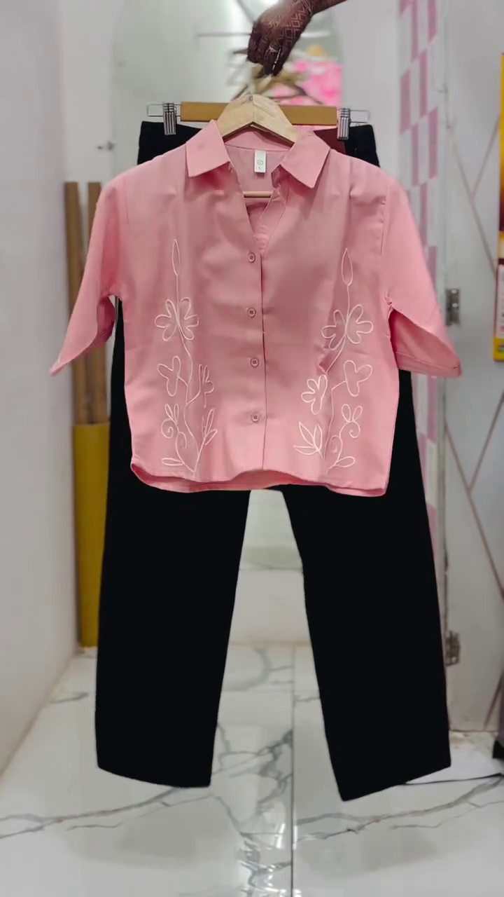Pink Embroidered Crop Shirt with Black Pants