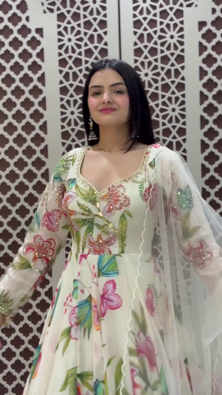 Floral Printed Anarkali Gown with Dupatta