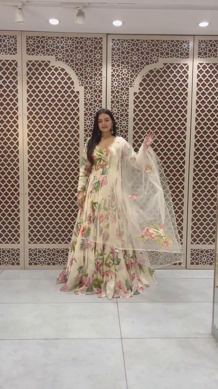 Floral Printed Anarkali Gown with Dupatta