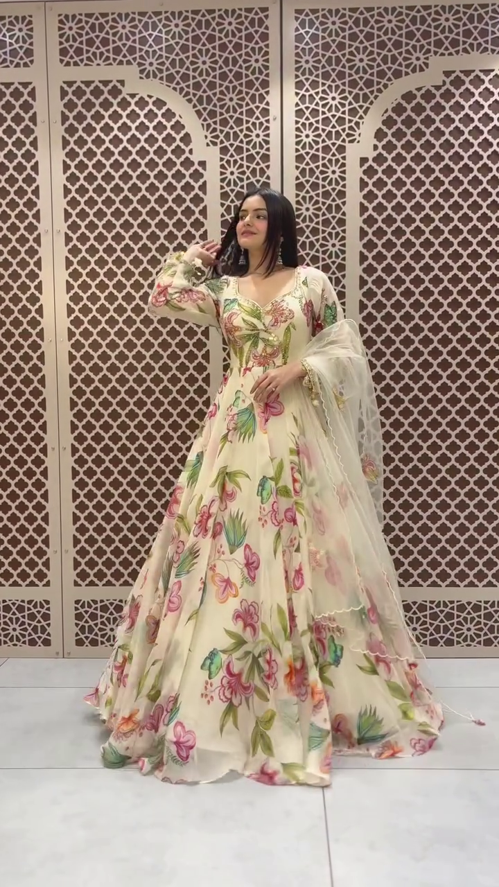Floral Printed Anarkali Gown with Dupatta