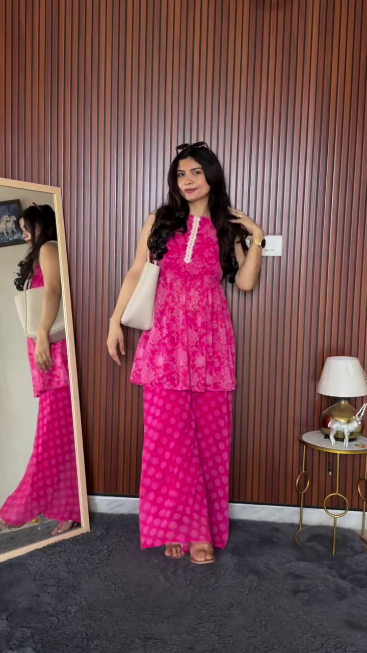 Green Shirt + Printed Palazzo →