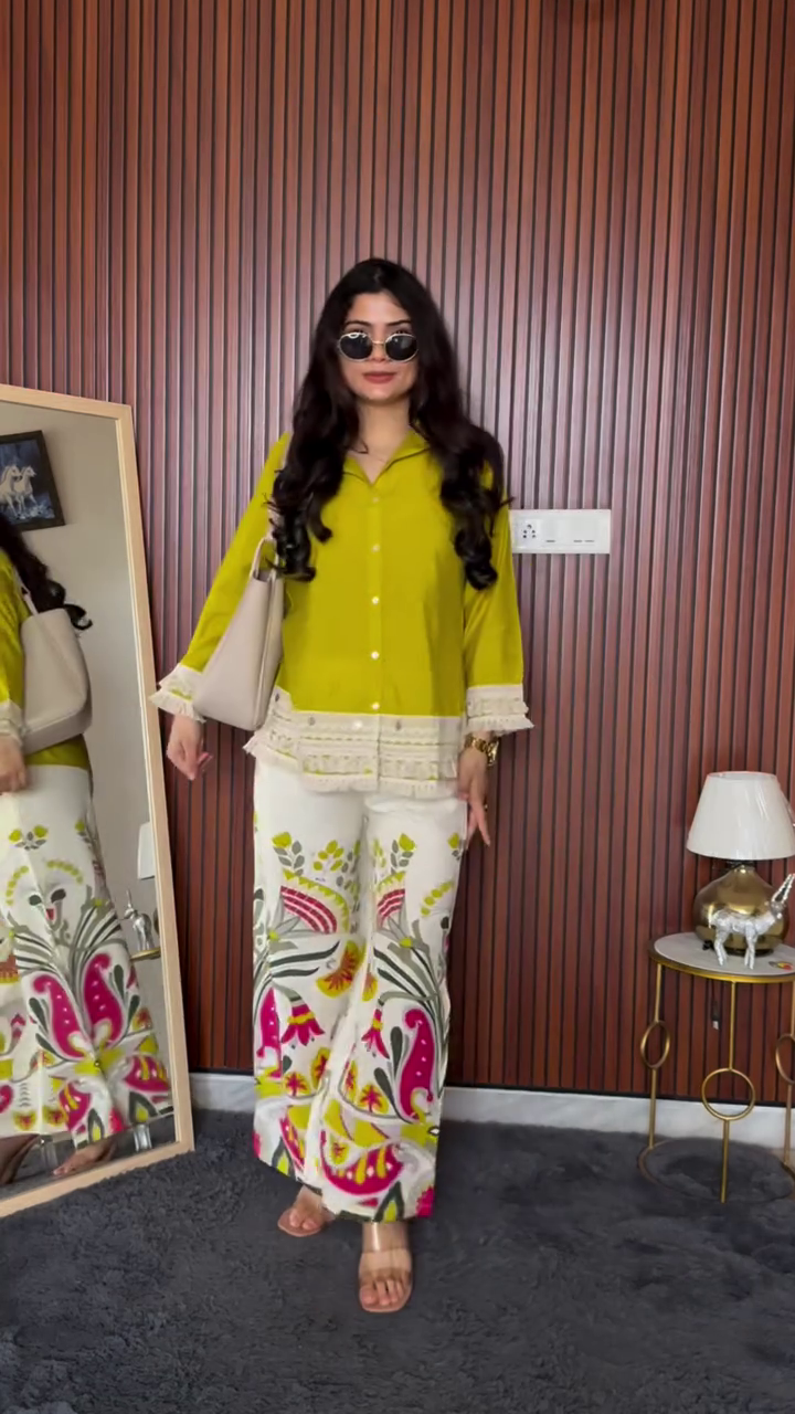 Green Shirt + Printed Palazzo →