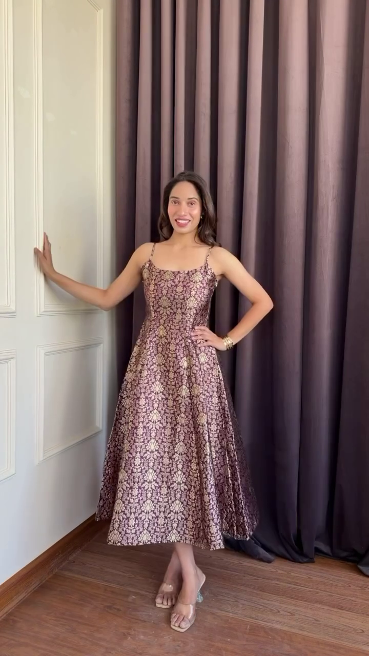 Brown Gold Printed Midi Dress