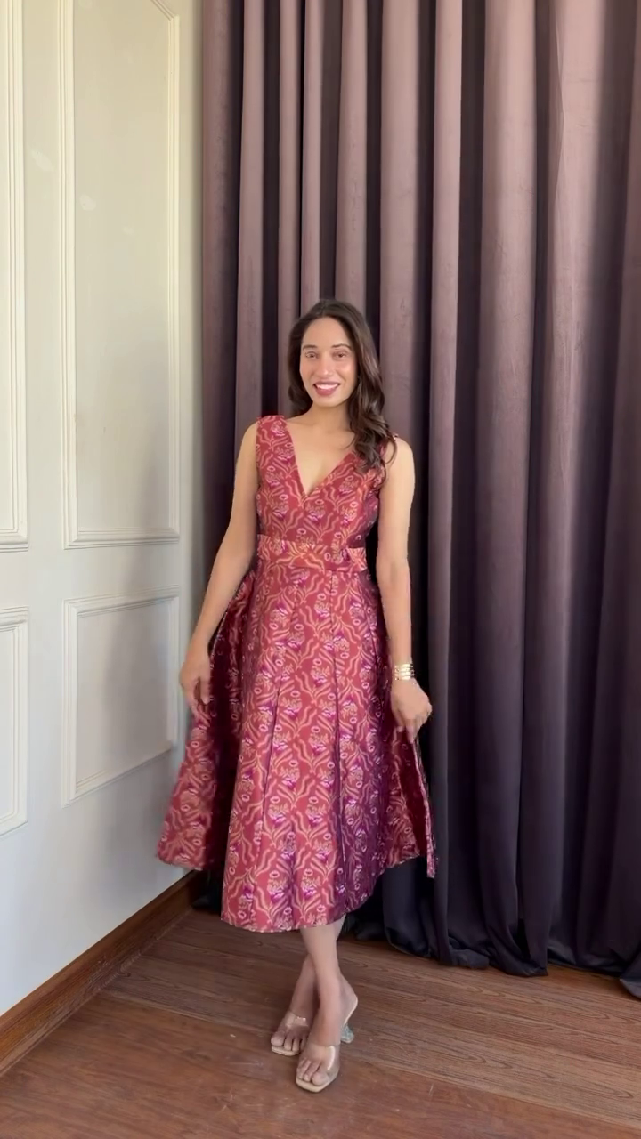 Brown Gold Printed Midi Dress