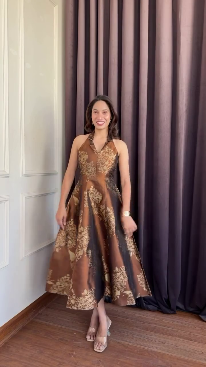 Brown Gold Printed Midi Dress