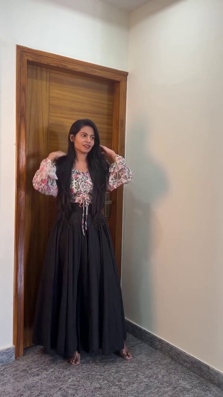 Floral Top + Black Flared Skirt