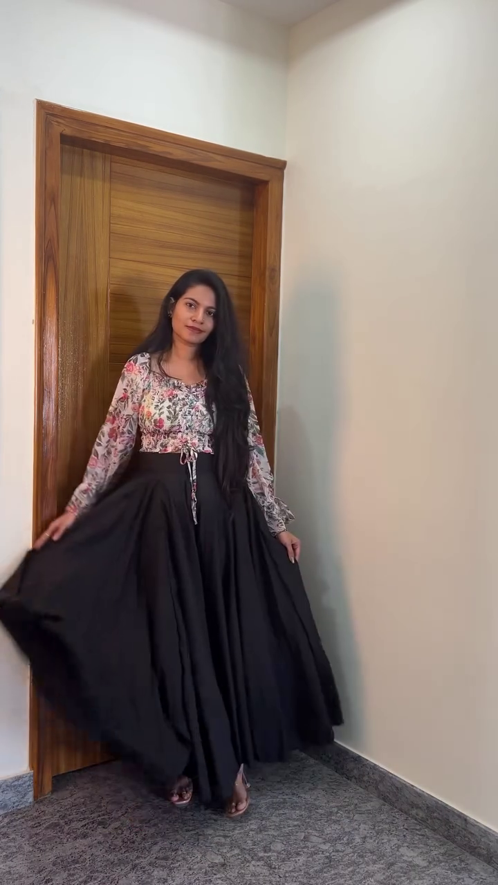 Floral Top + Black Flared Skirt