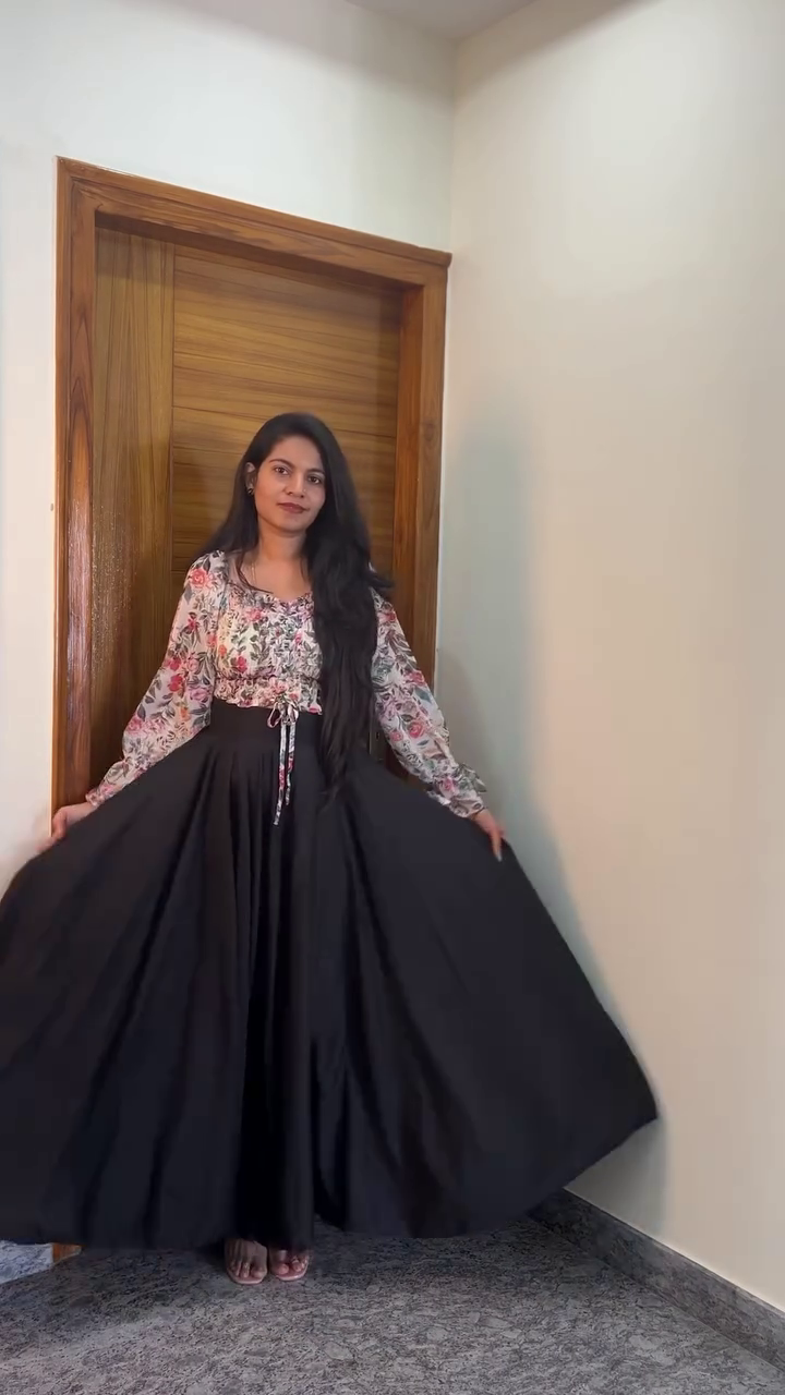 Floral Top + Black Flared Skirt