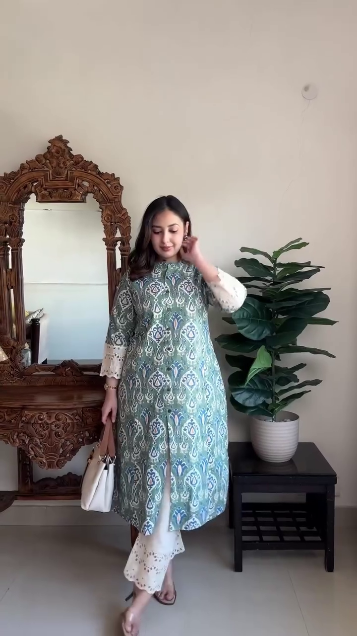 Sage Green Printed Kurta Set