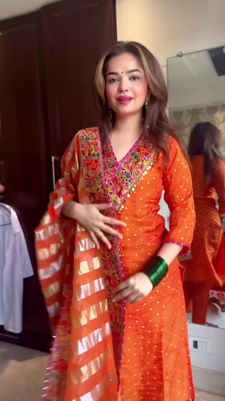 Festive Orange Embroidered Suit