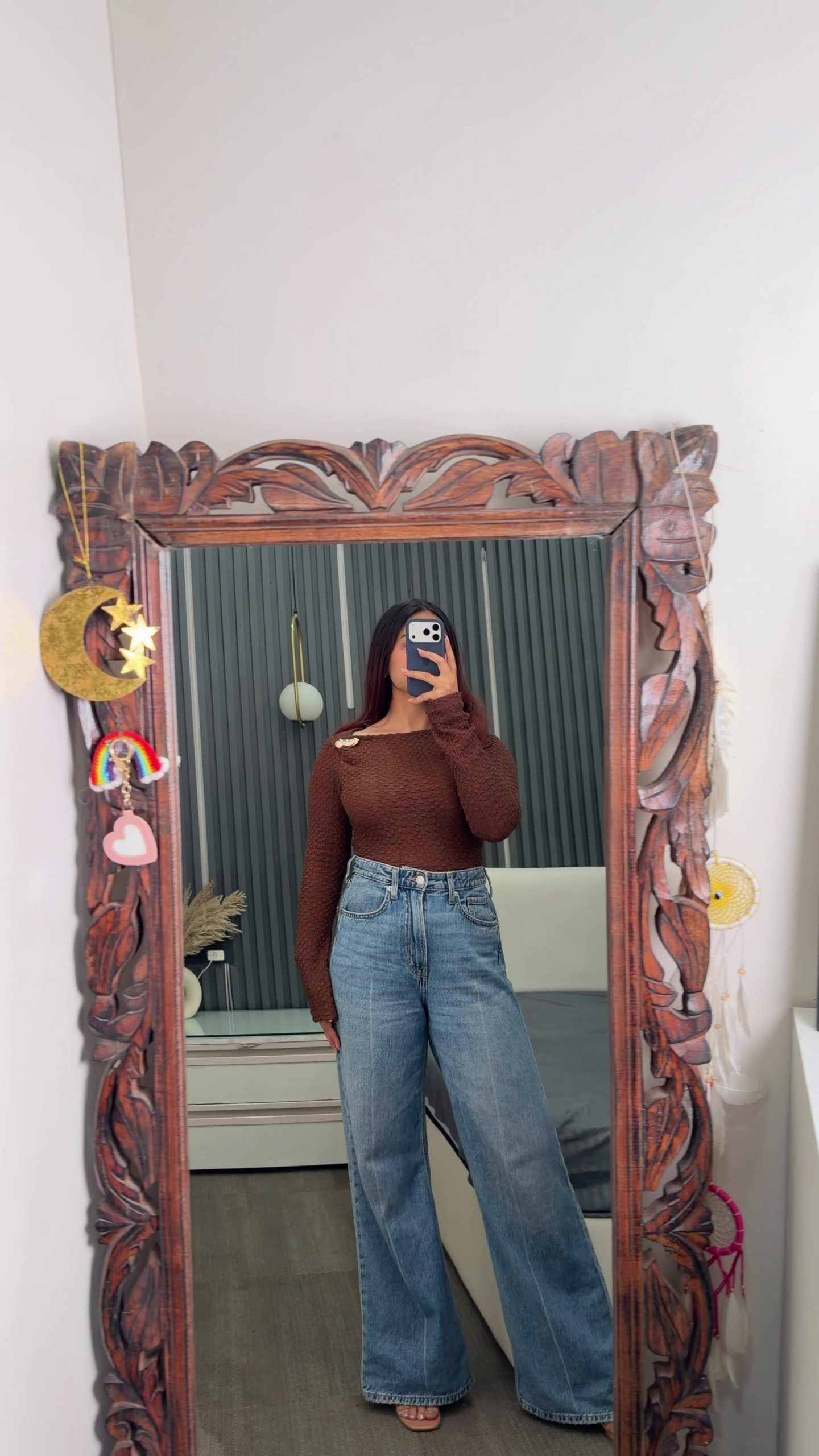 Brown Top with Wide-Leg Jeans