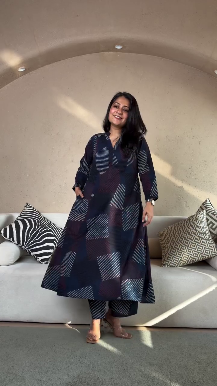 Navy Geometric Kurta Set
