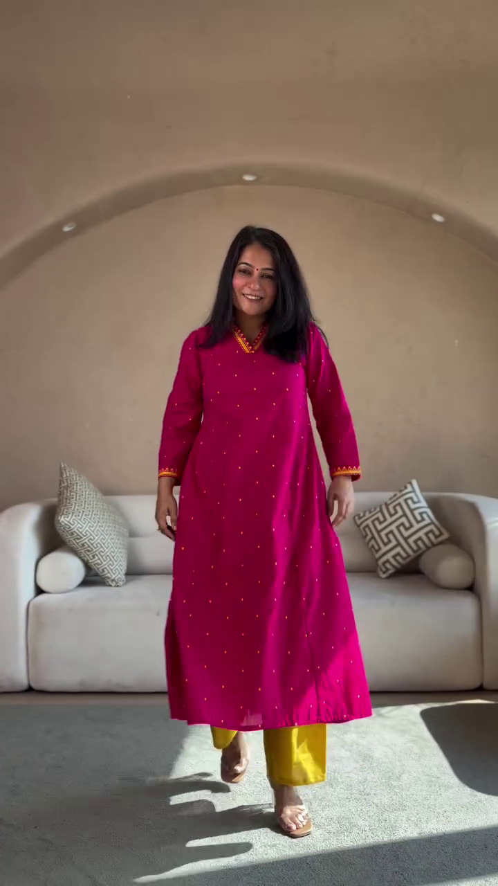 Pink Straight Kurta with Yellow Pants