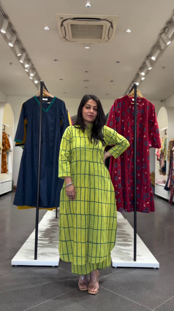 Lime Checkered Kurta Set