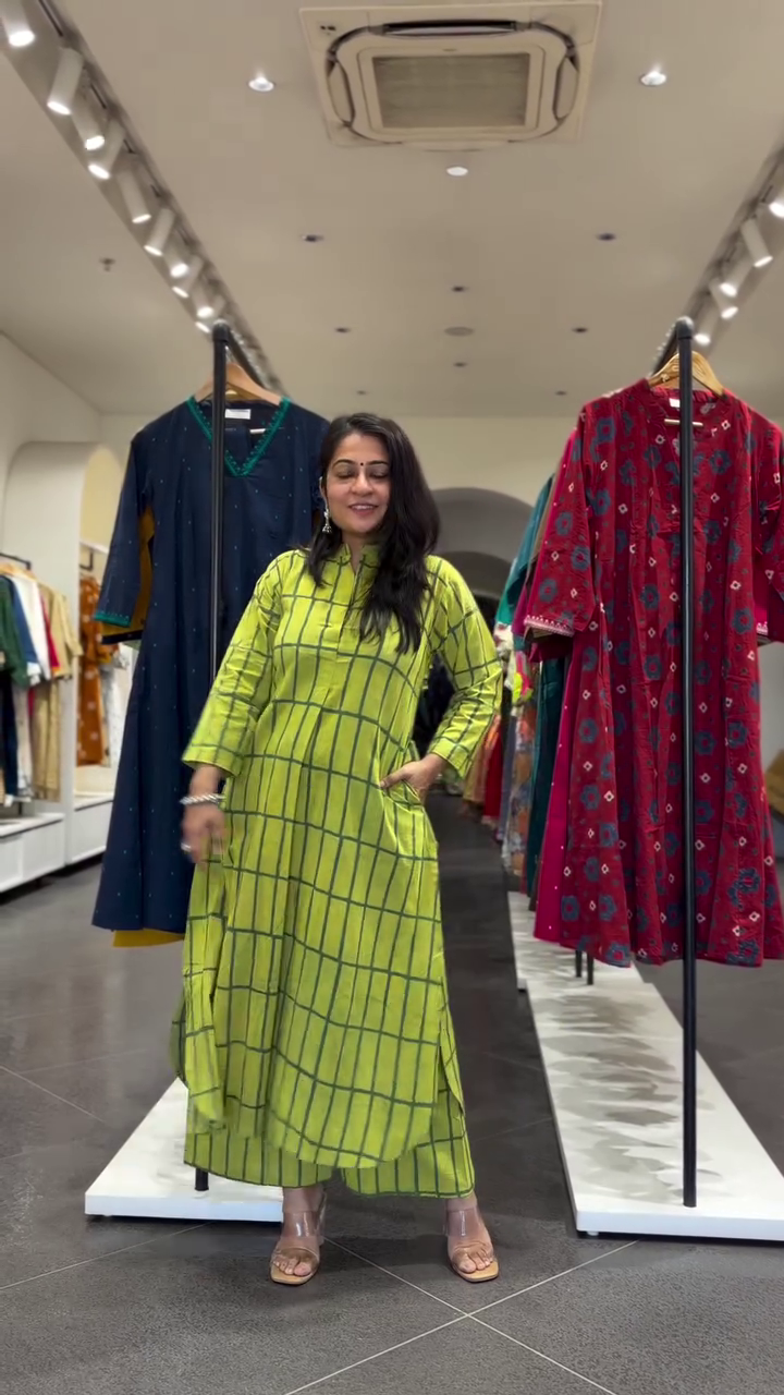 Lime Checkered Kurta Set