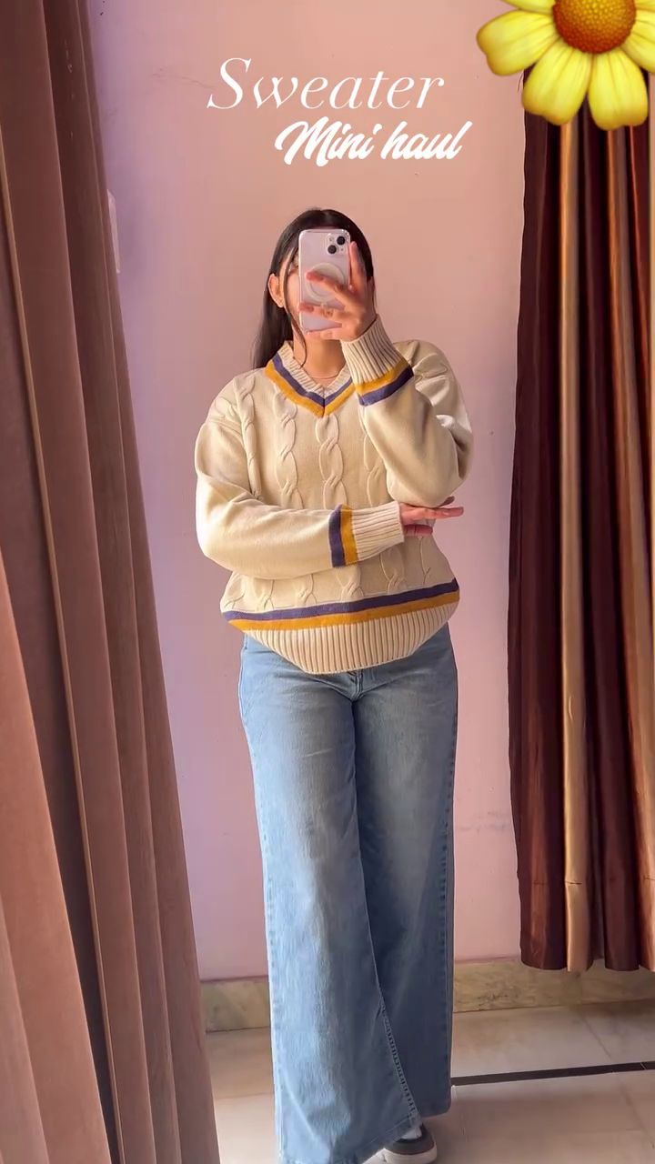 Beige Knit Sweater with Jeans